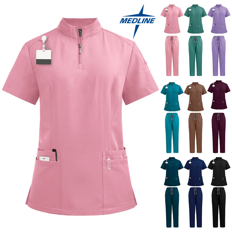 Med-Line Stand Collar Zipper Doctor Nurse Work Uniforms Suit